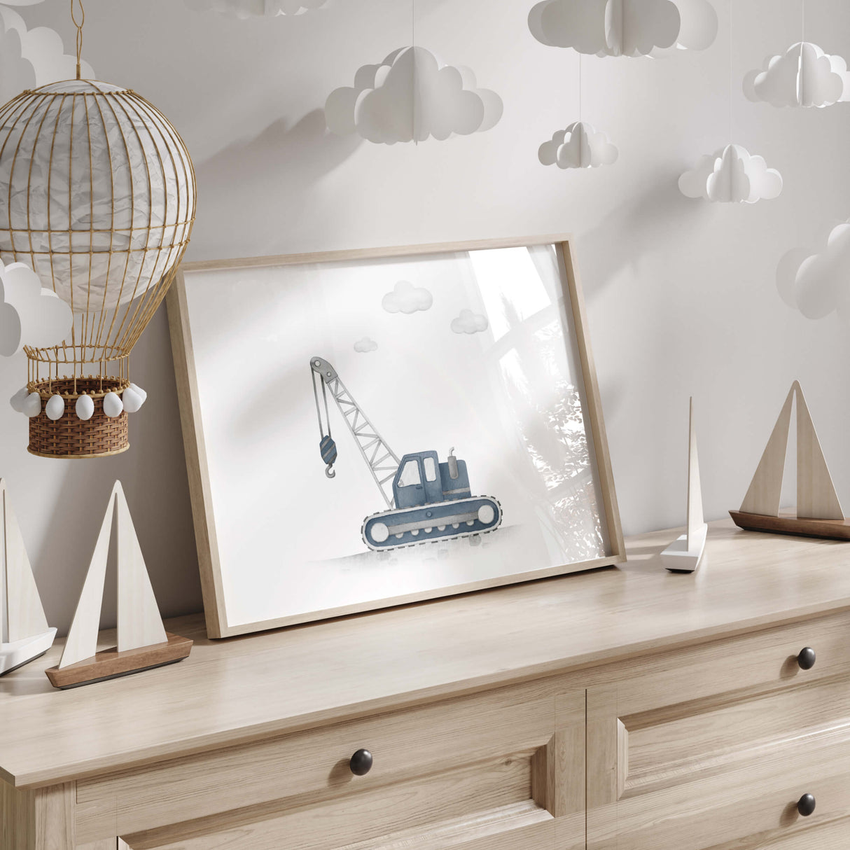 Watercolor construction vehicle print with crane in panel dark blue, gray colors for baby boys room decor, toddler room decor, panel dark blue nursery decor, kids room decor.