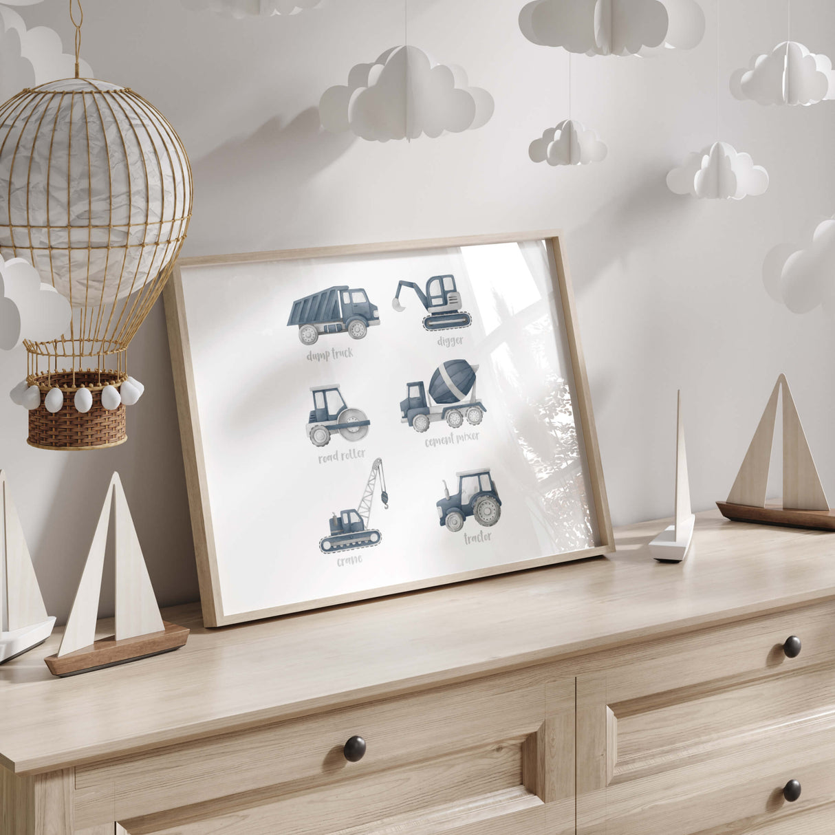 Watercolor construction vehicle print in panel dark blue, gray colors for baby boys room decor, toddler room decor, panel dark blue nursery decor.