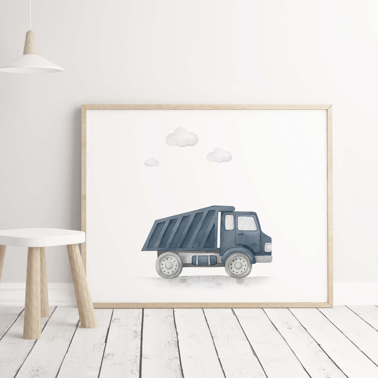 Watercolor construction vehicle poster with truck in panel dark blue, gray colors for baby boys room decor, toddler room decor, panel dark blue nursery decor.