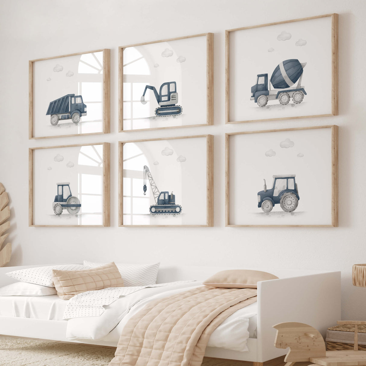 Watercolor construction vehicle printable in panel dark blue, gray colors for baby boys room decor, toddler room decor, panel dark blue nursery decor.