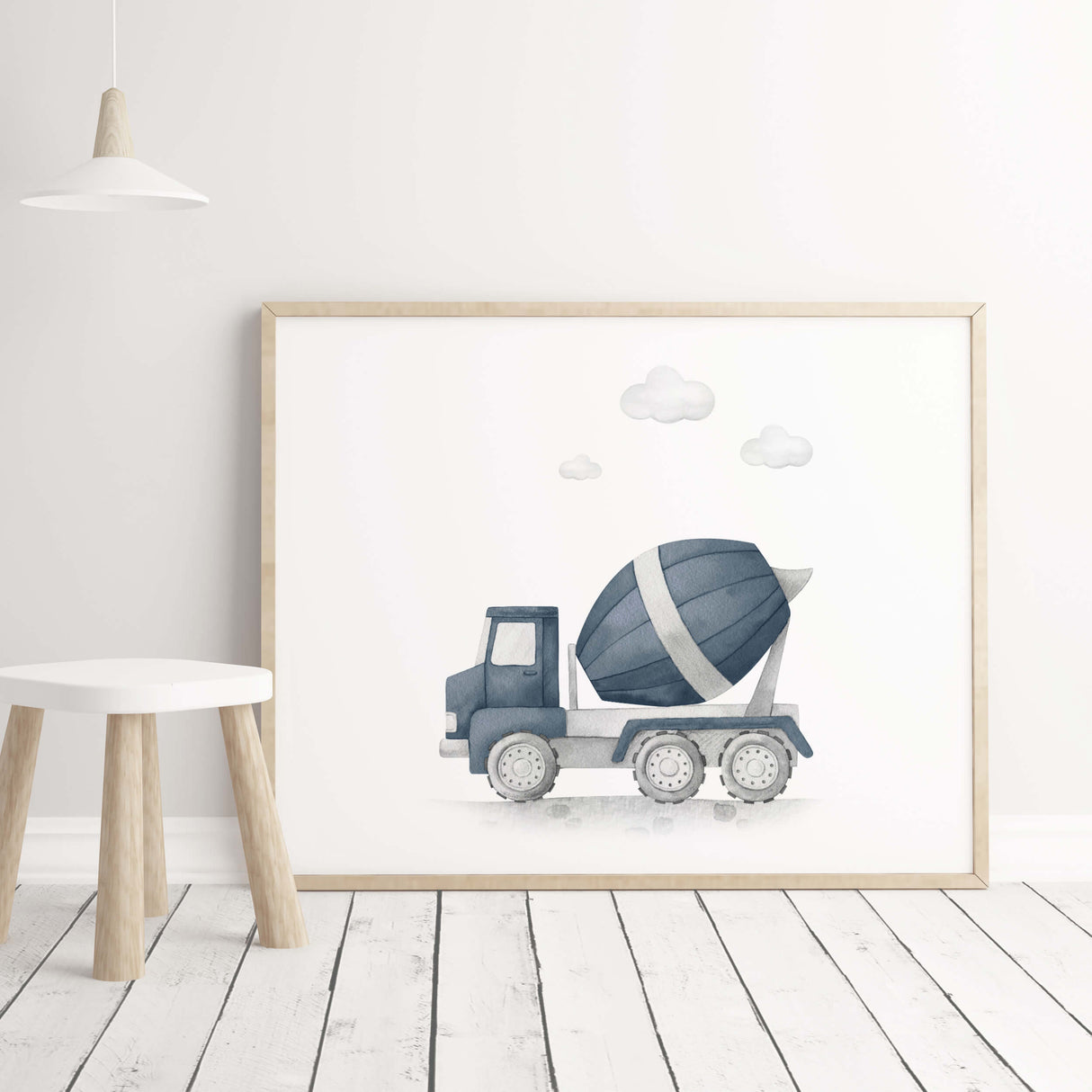 Watercolor construction vehicle print with cement mixer in panel dark blue, gray colors for baby boys room decor, toddler room decor, panel dark blue nursery decor.