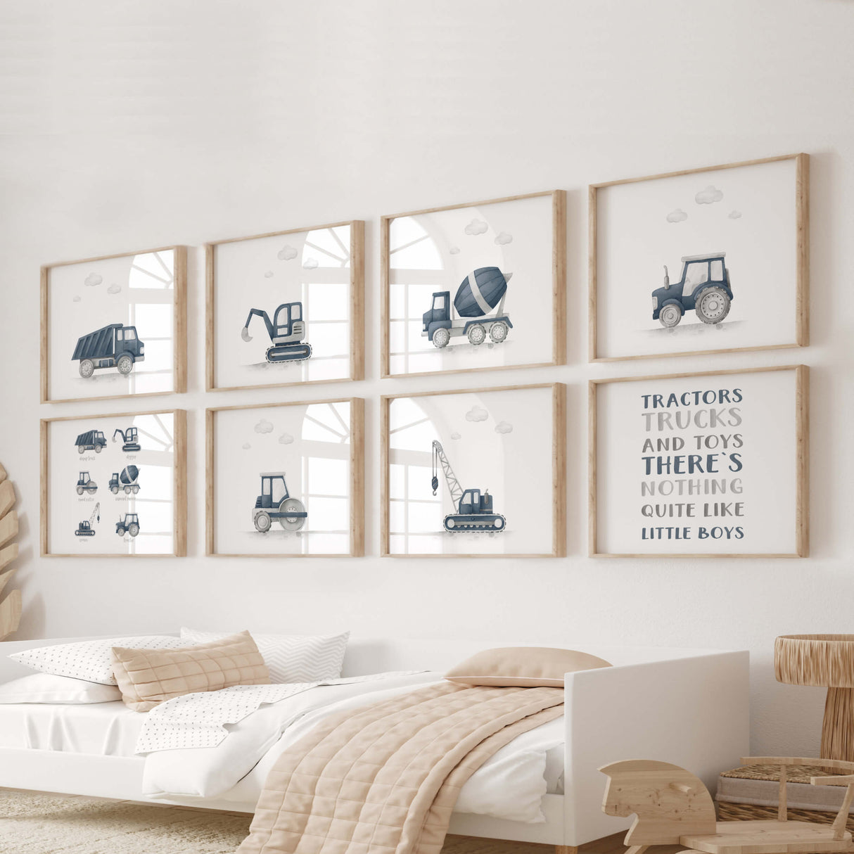 Watercolor construction vehicle print in panel dark blue, gray colors for baby boys room decor, toddler room decor, panel dark blue nursery decor.