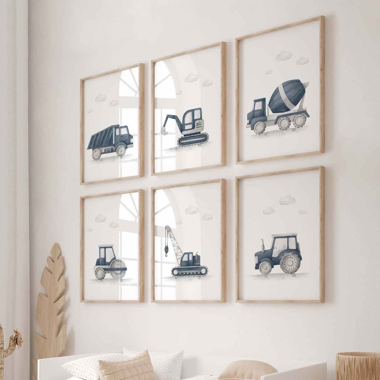Set of 6 construction vehicle print in panel dark blue for toddler and boys nursery room decor.