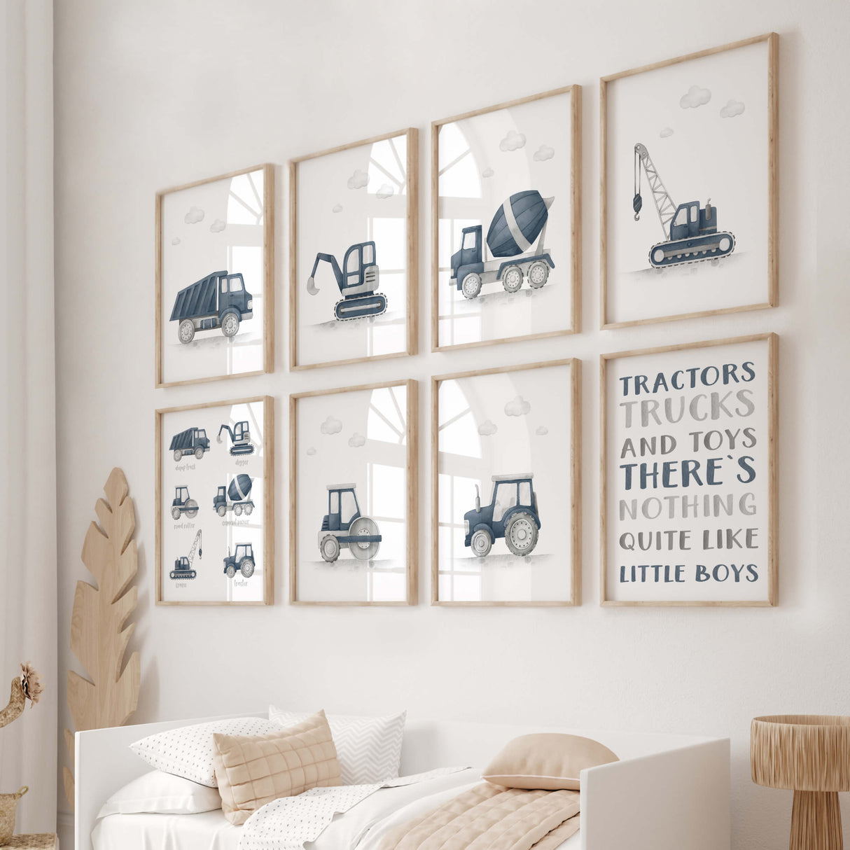 Set of 8 watercolor construction vehicle printable in panel dark blue for toddler and boys nursery room decor.