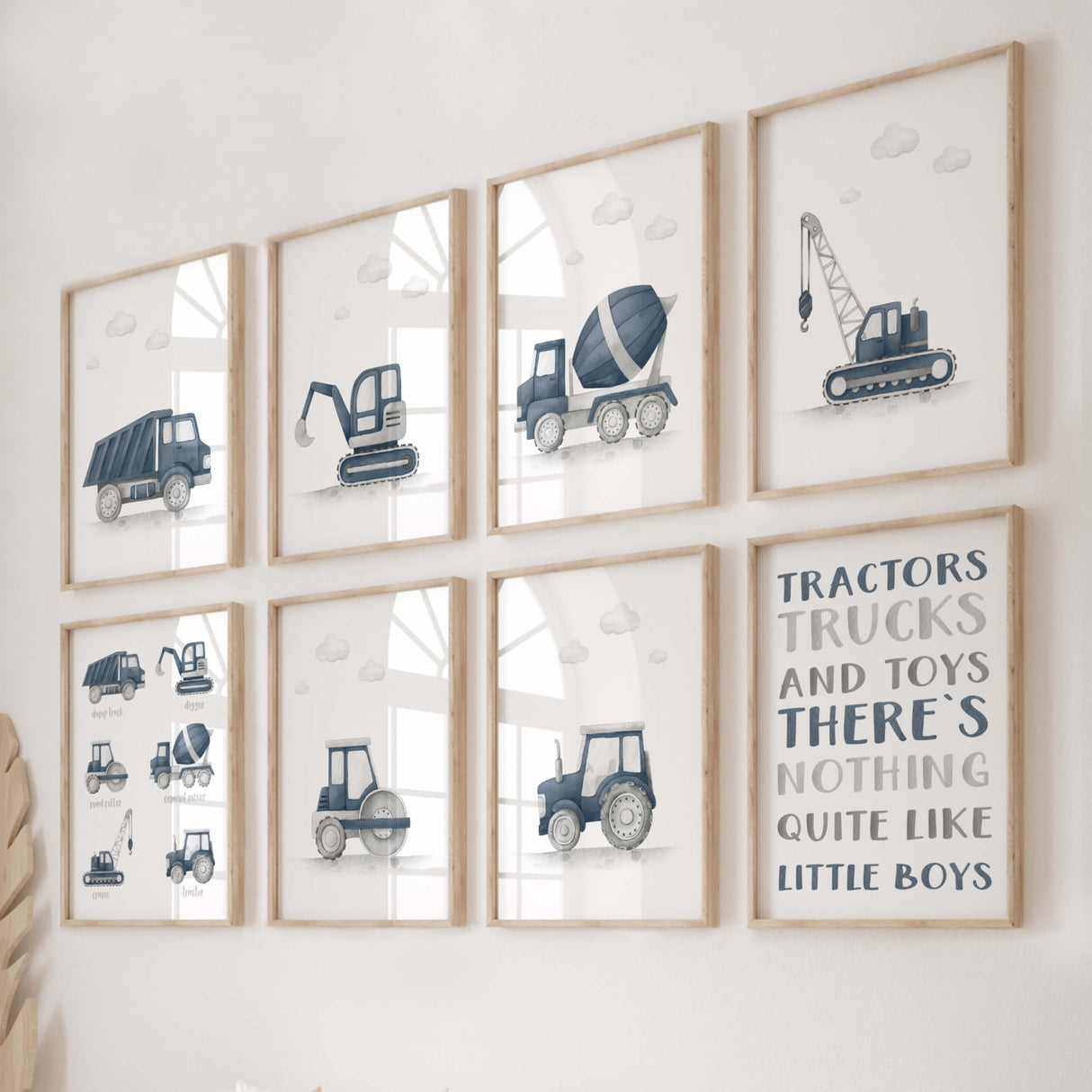 Set of 8 watercolor construction vehicle printable in panel dark blue for toddler and boys nursery room decor.