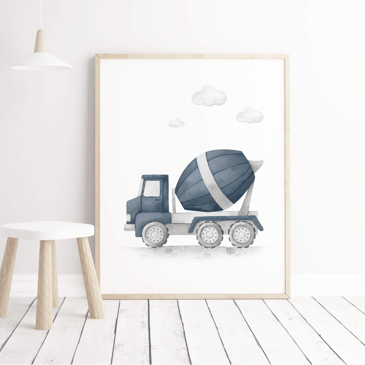 Watecolor cement mixer print in panel dark blue for toddler and boys nursery room decor.