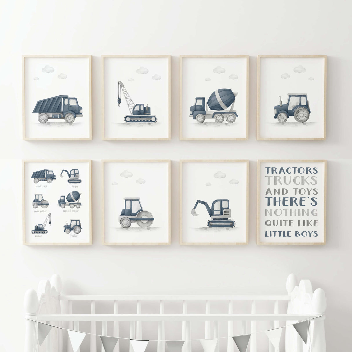 Set of 8 watercolor construction vehicle printable in panel dark blue for toddler and boys nursery room decor.