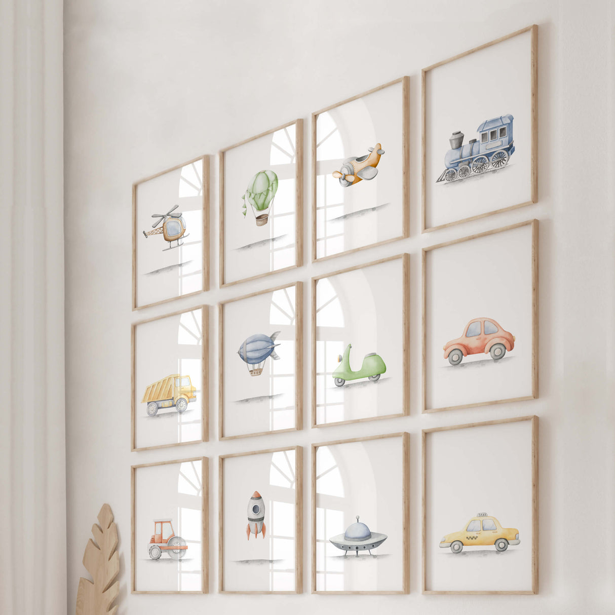 Set of 12 watercolor transport nursery print for toddler and baby boys room decor.