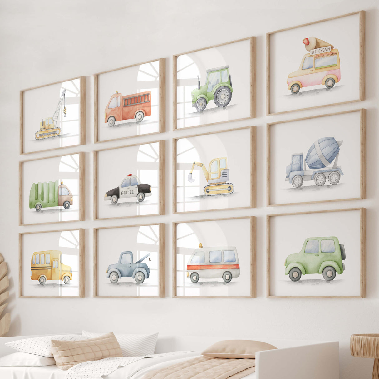 Watercolor transport print for toddler and neutral nursery room decor.