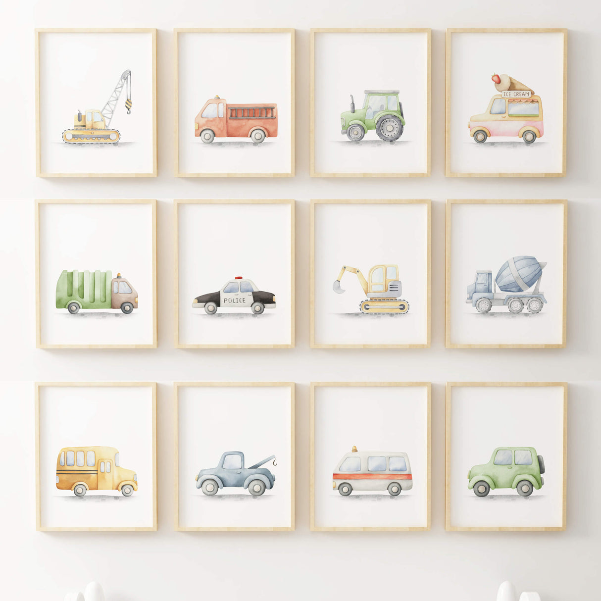 Set of 12 watercolor transport print for toddler and baby boys room decor.