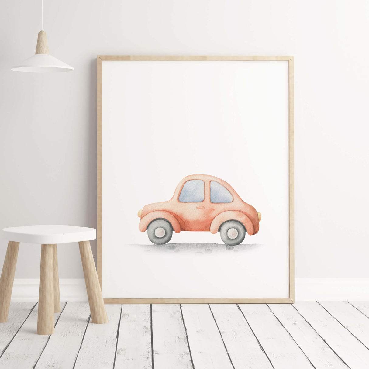 Watercolor buggy print for toddler and baby boys room decor.