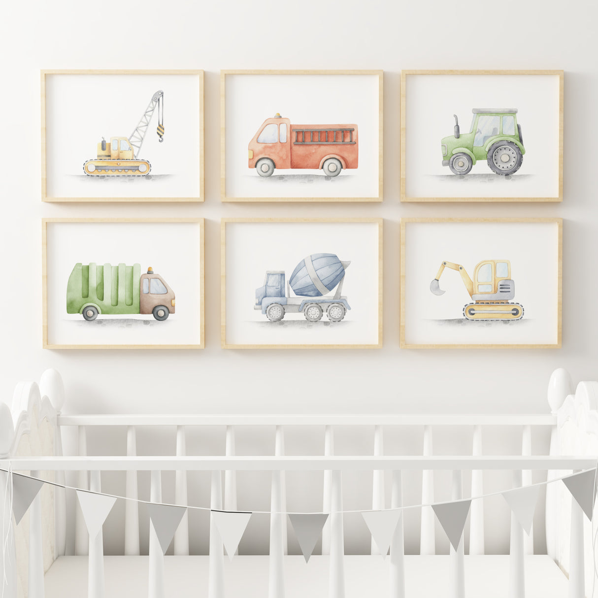 Set of 6 watercolor transport and construction vehicle print with crane, digger, fire truck, tractor, cement mixer and trash truck for toddler, boys and neutral nursery decor.