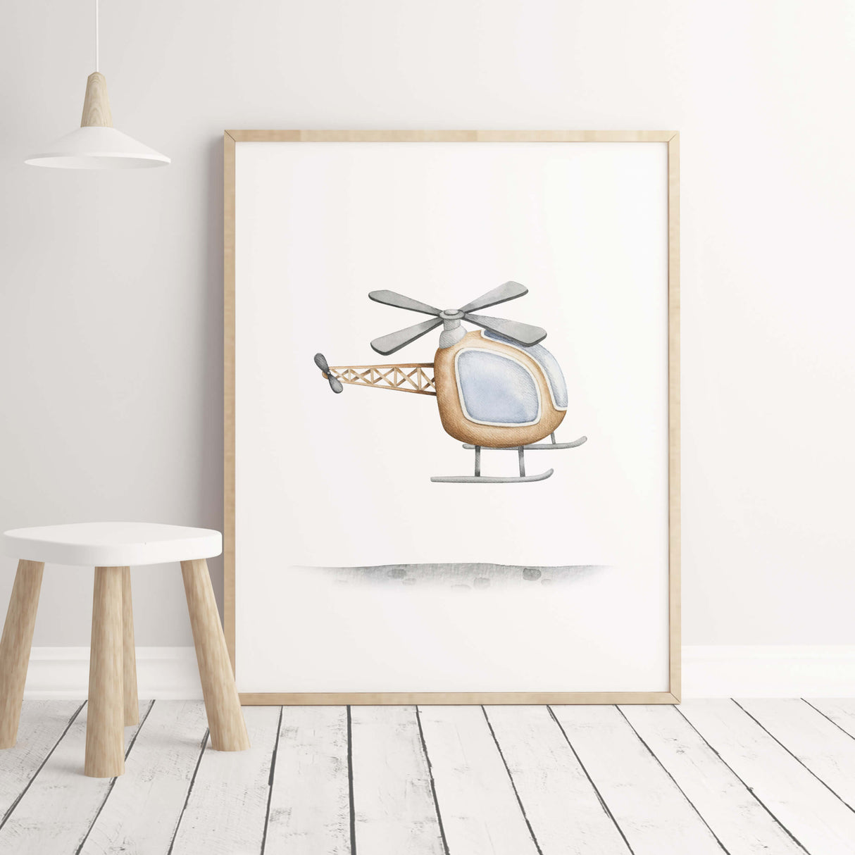 Watercolor helicopter nursery print for toddler and baby boys room decor.