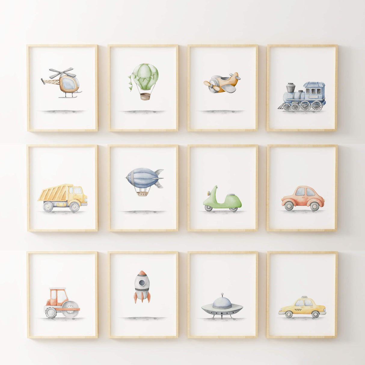 Set of 12 vehicle, car and transport nursery poster for toddler and baby boys room decor.