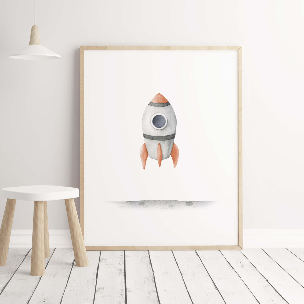 Watercolor spaceship nursery print for toddler and baby boys room decor.