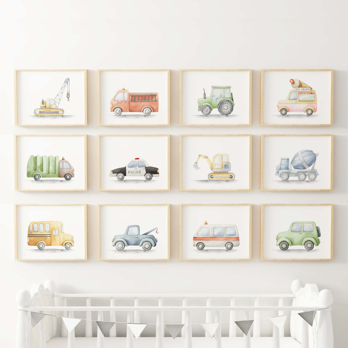 Watercolor transport print for toddler and neutral nursery room decor.
