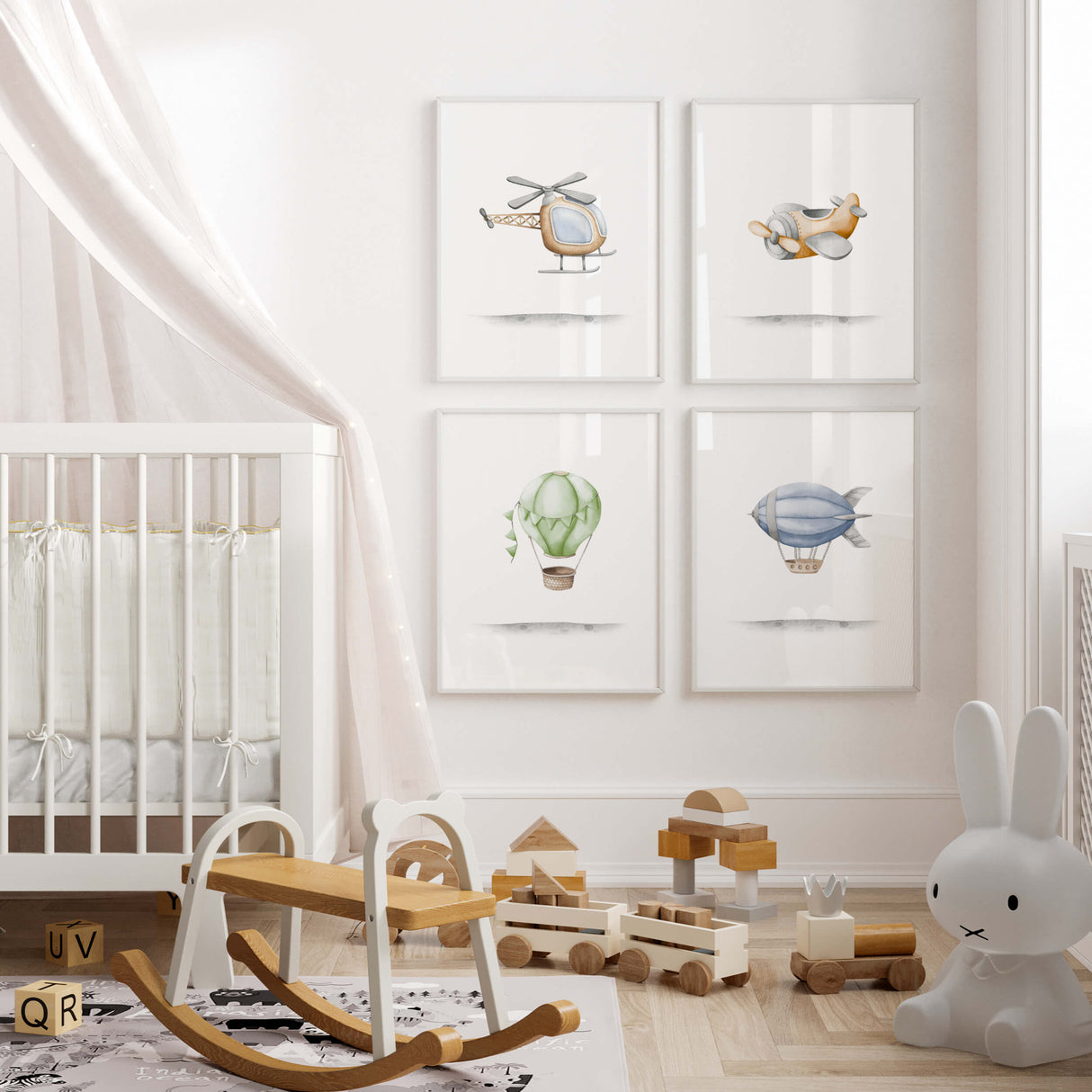 Set of 4 transport nursery print for toddler and baby boys room decor.