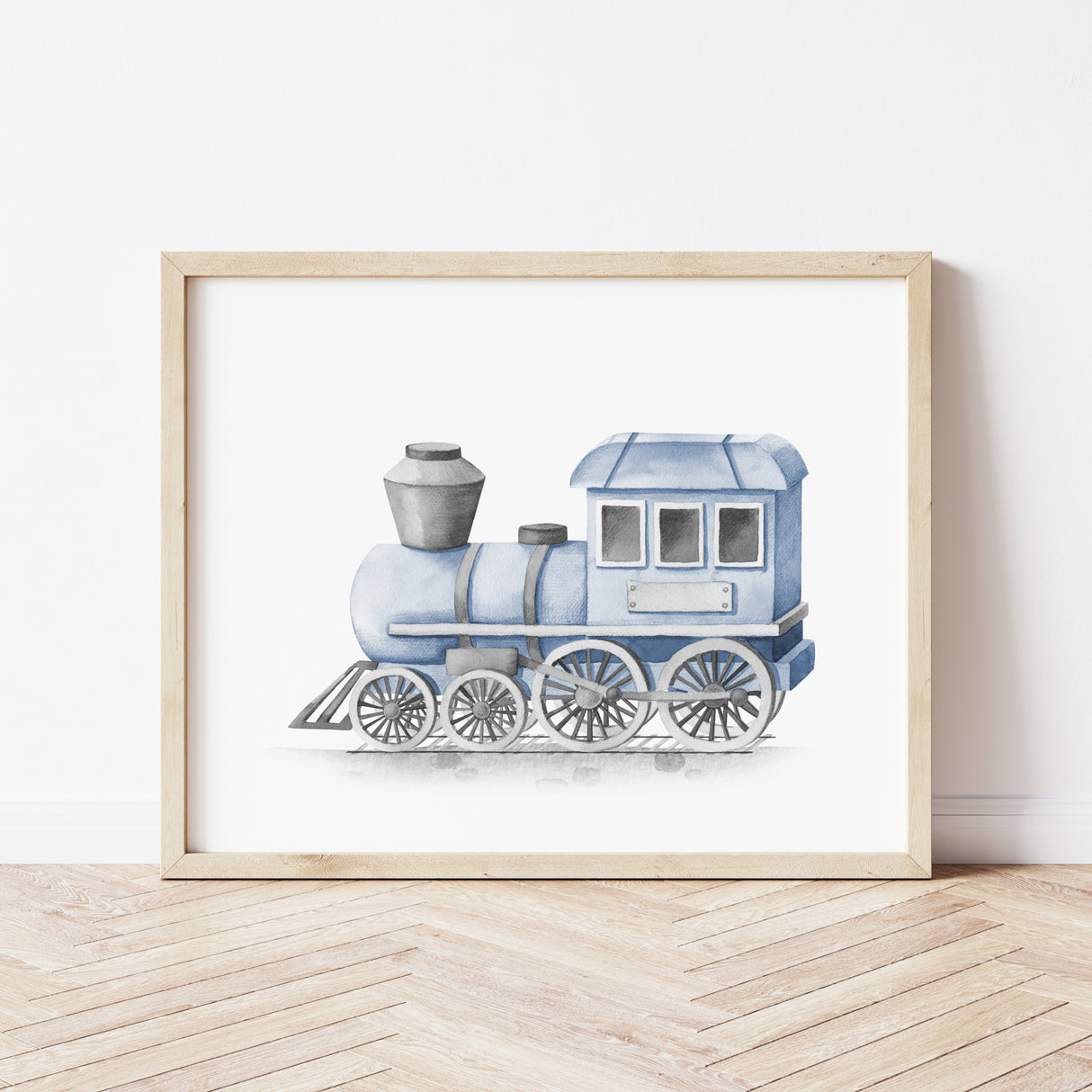 Watercolor train poster for toddler, boys and neutral nursery decor.
