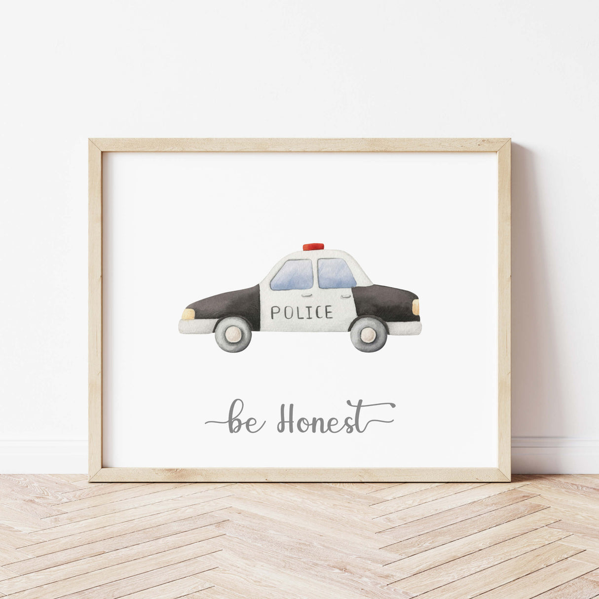 Watercolor transport print with police car for toddler room decor, baby boys room decor, nursery decor