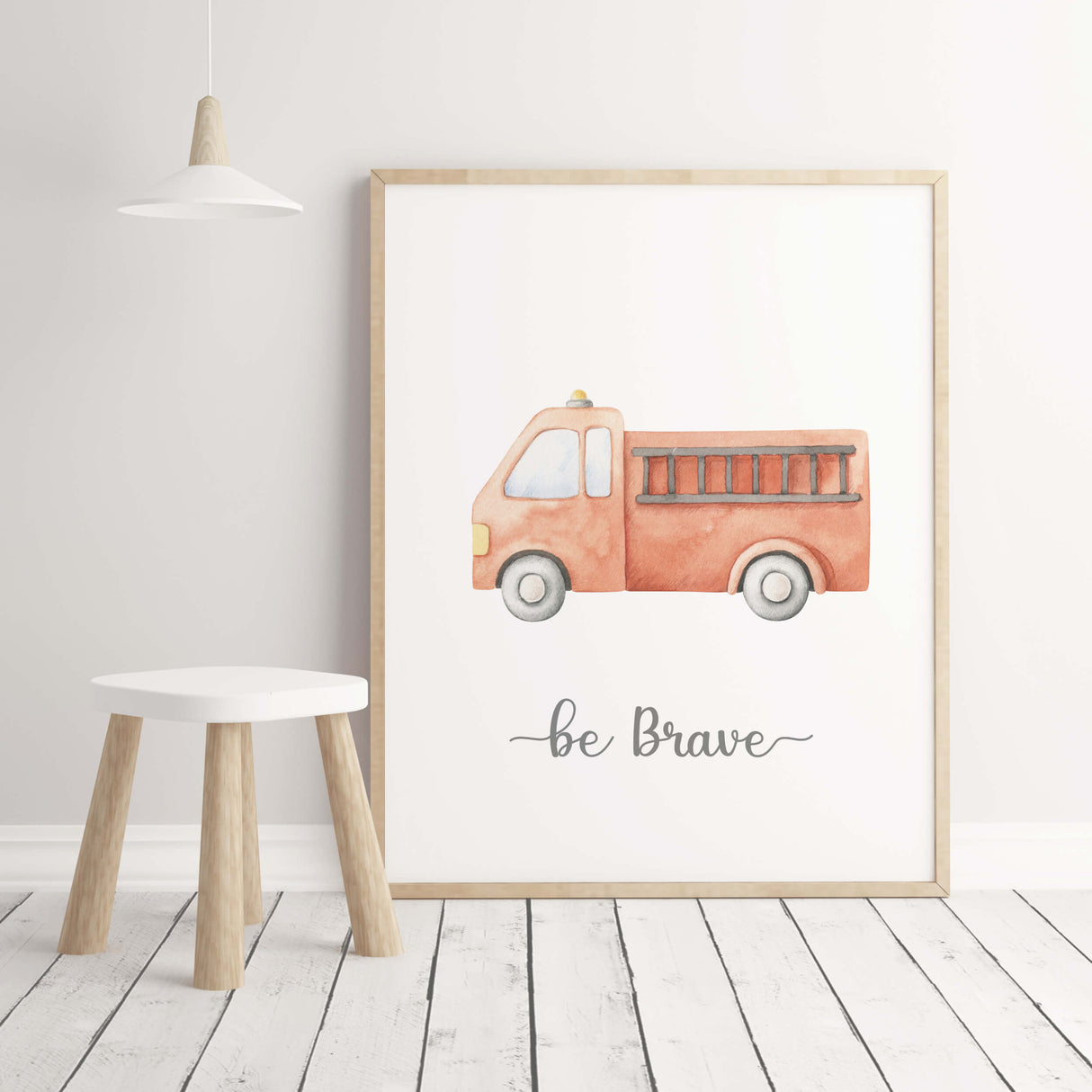 Watercolor transport print with fire truck, be brave quote for toddler room decor, baby boys room decor, nursery decor.