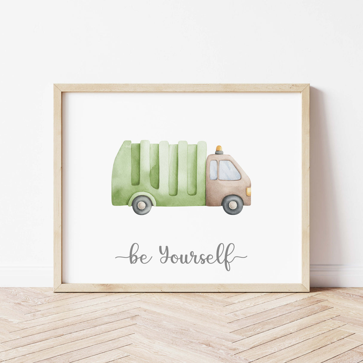 Watercolor transport print with trash car, be yourself quote for toddler room decor, baby boys room decor, nursery decor