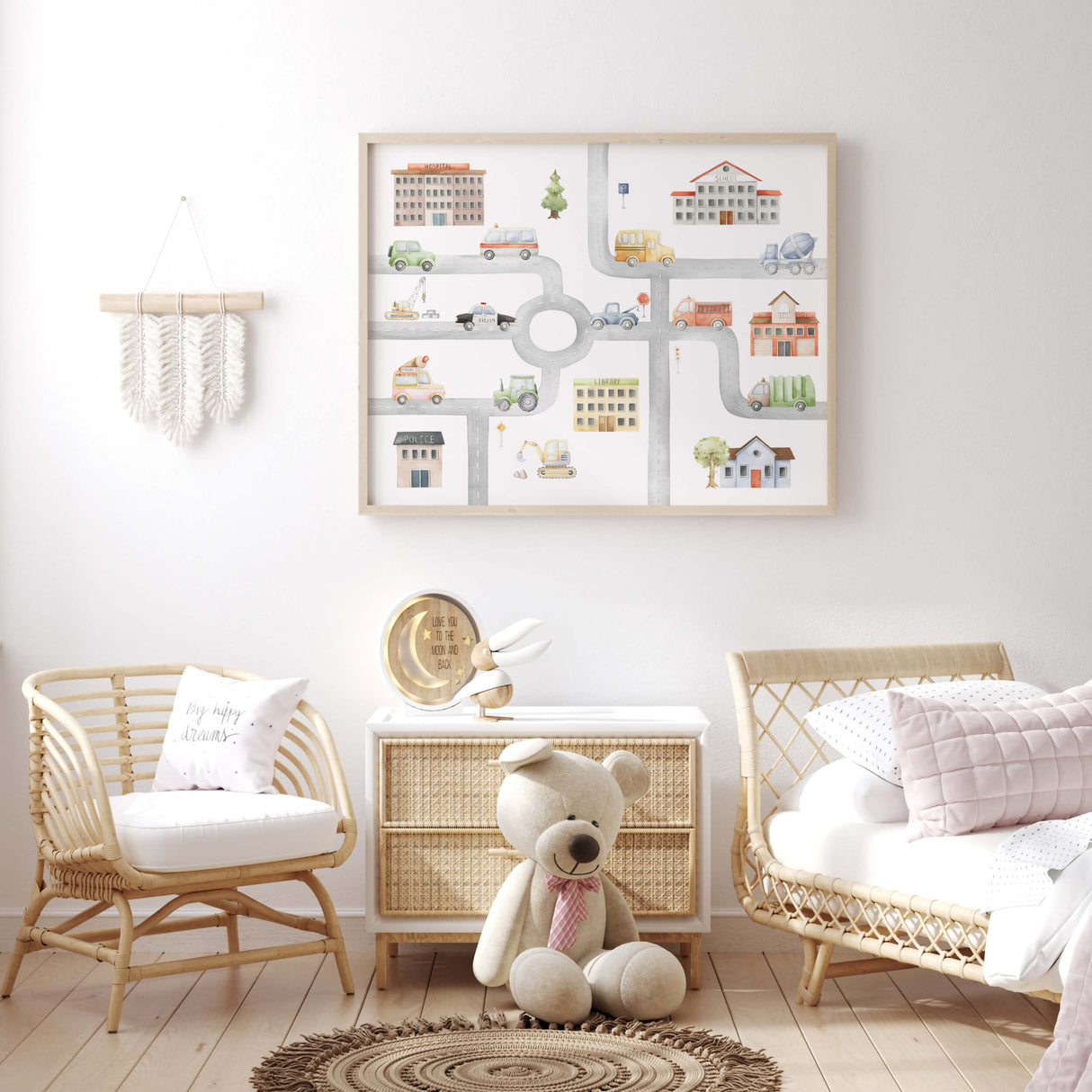 Watercolor transport map poster for toddler room decor, baby boys room decor.