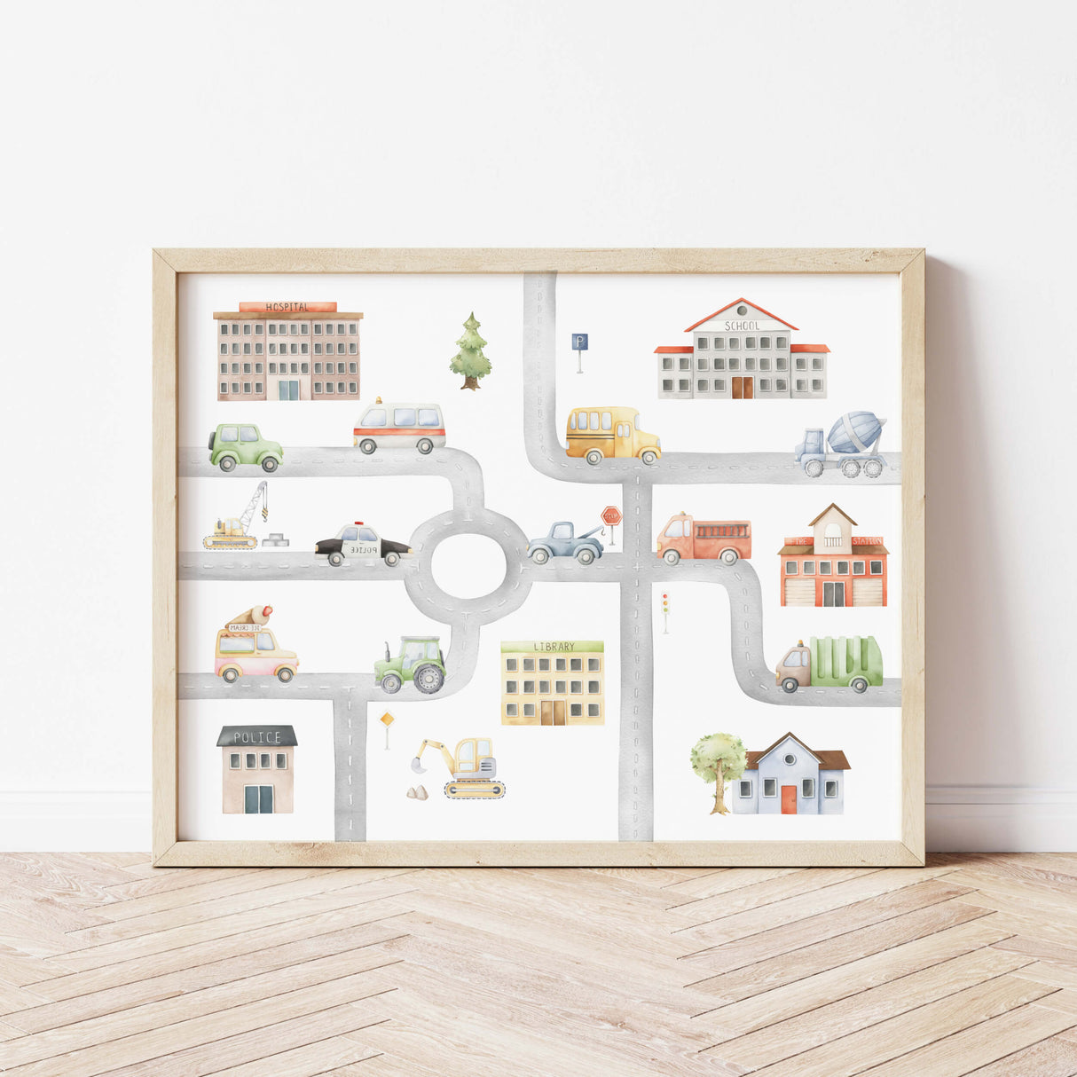 Watercolor transport map print for toddler room decor, baby boys room decor.