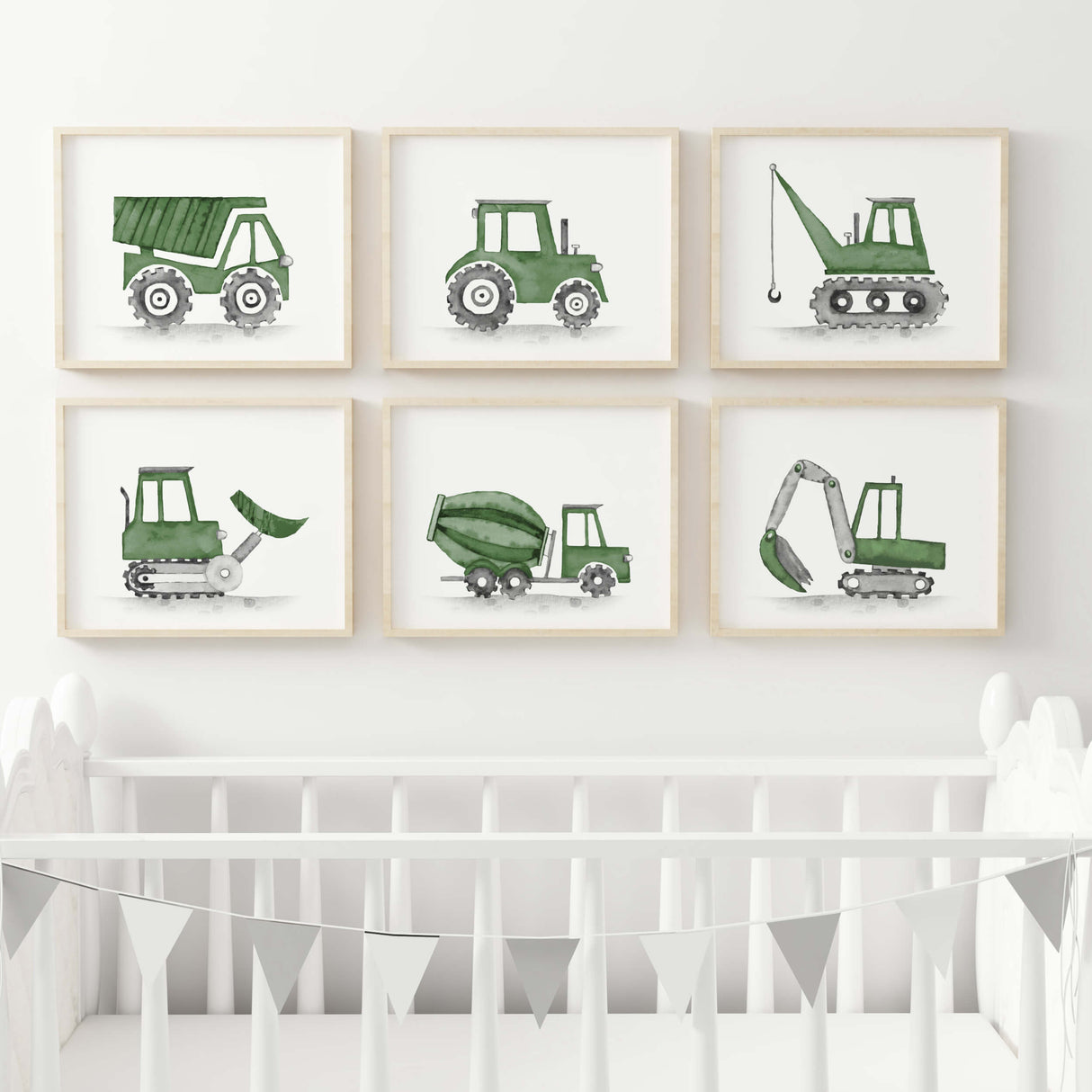 Watercolor construction vehicle poster in hunter green colors for toddler room decor, baby boys room decor and kids room decor.