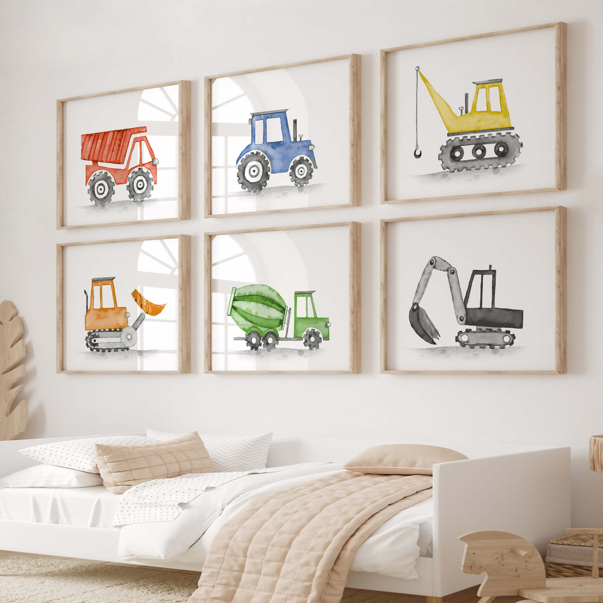 Watercolor colorful construction vehicle printable for toddler room decor, baby boys room decor, nursery room decor, vehicles: tractor, cement mixer, crane, digger, dump truck, bulldozer.