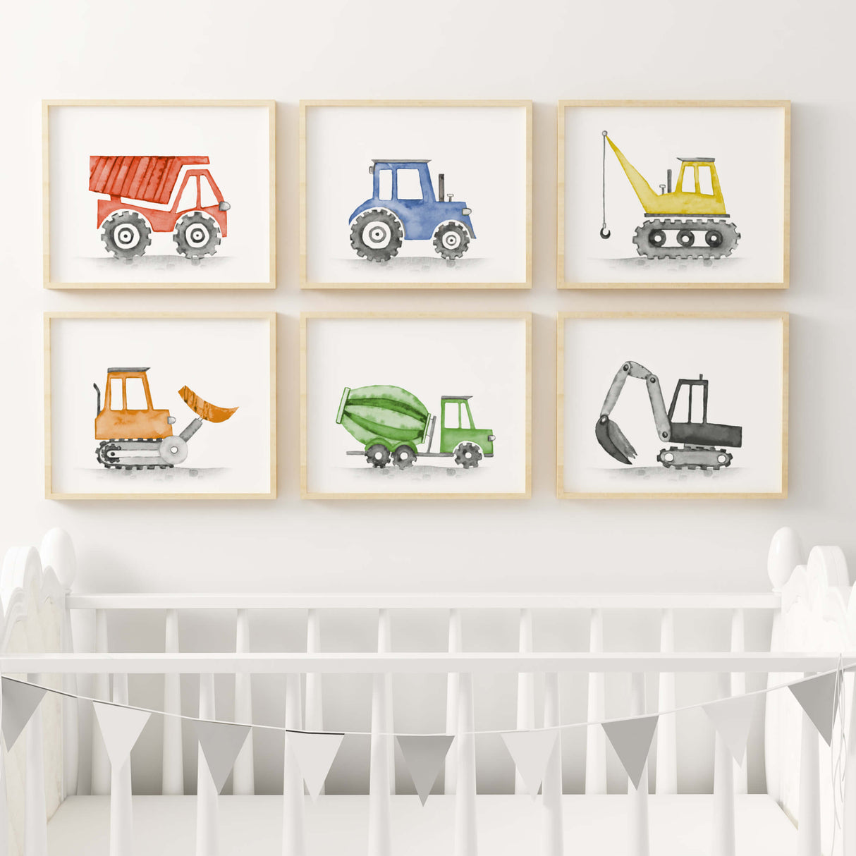 Watercolor colorful construction vehicle printable for toddler room decor, baby boys room decor, nursery room decor.