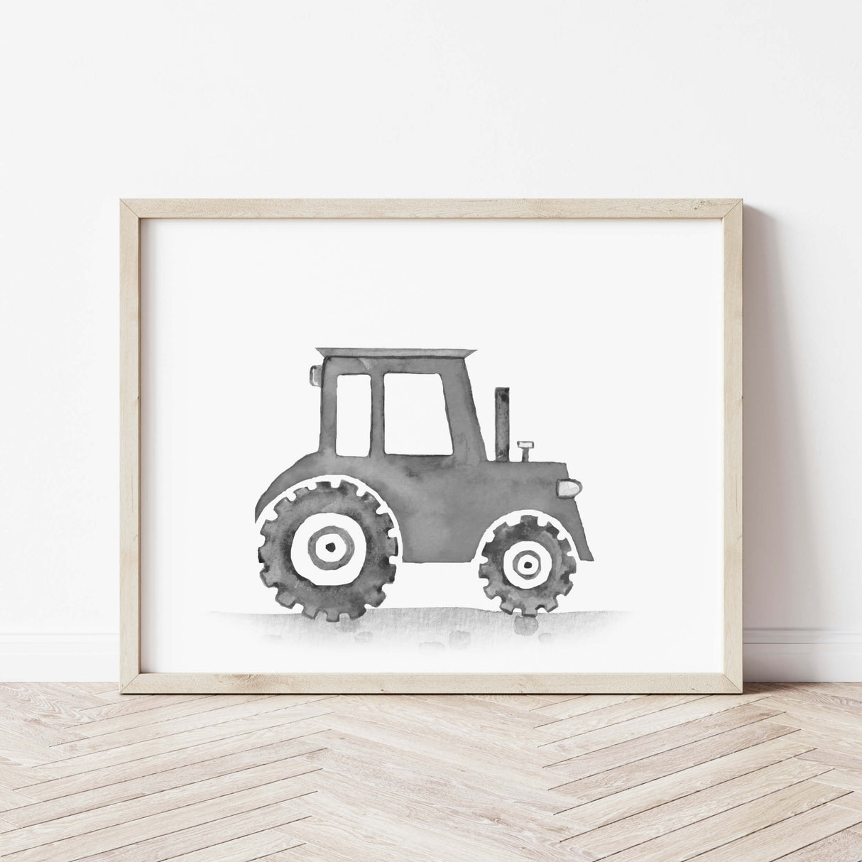 Set of 6 watercolor construction vehicle printable with tractor in black , gray colors for baby boys room decor, toddler room decor, nursery room decor.