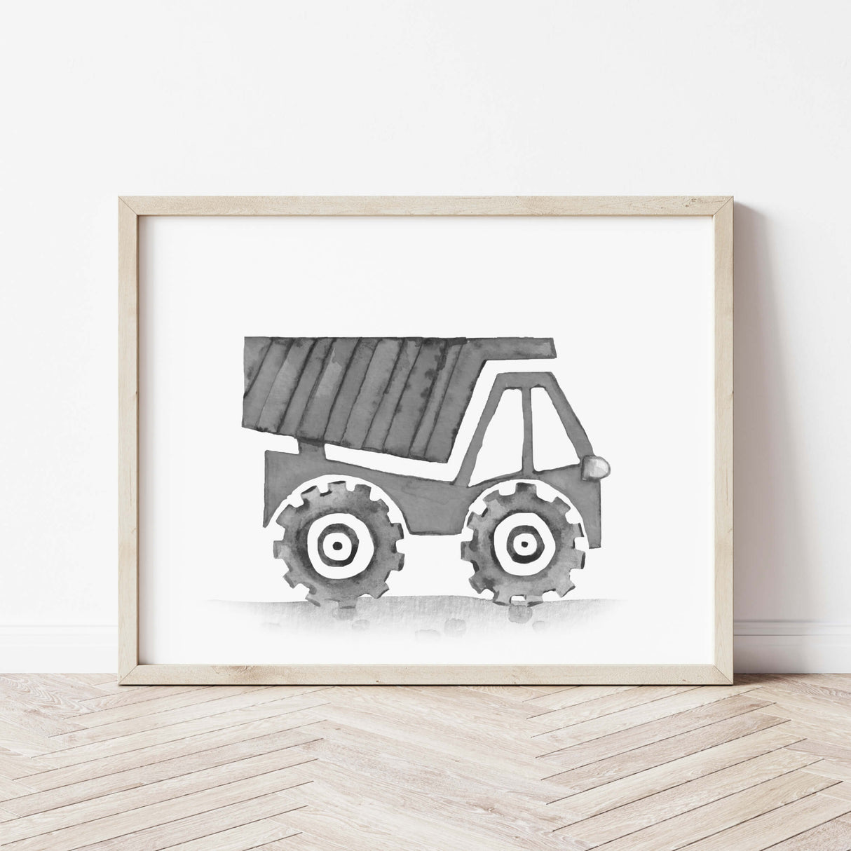 Set of 6 watercolor construction vehicle printable with dump truck in black , gray colors for baby boys room decor, toddler room decor, nursery room decor.