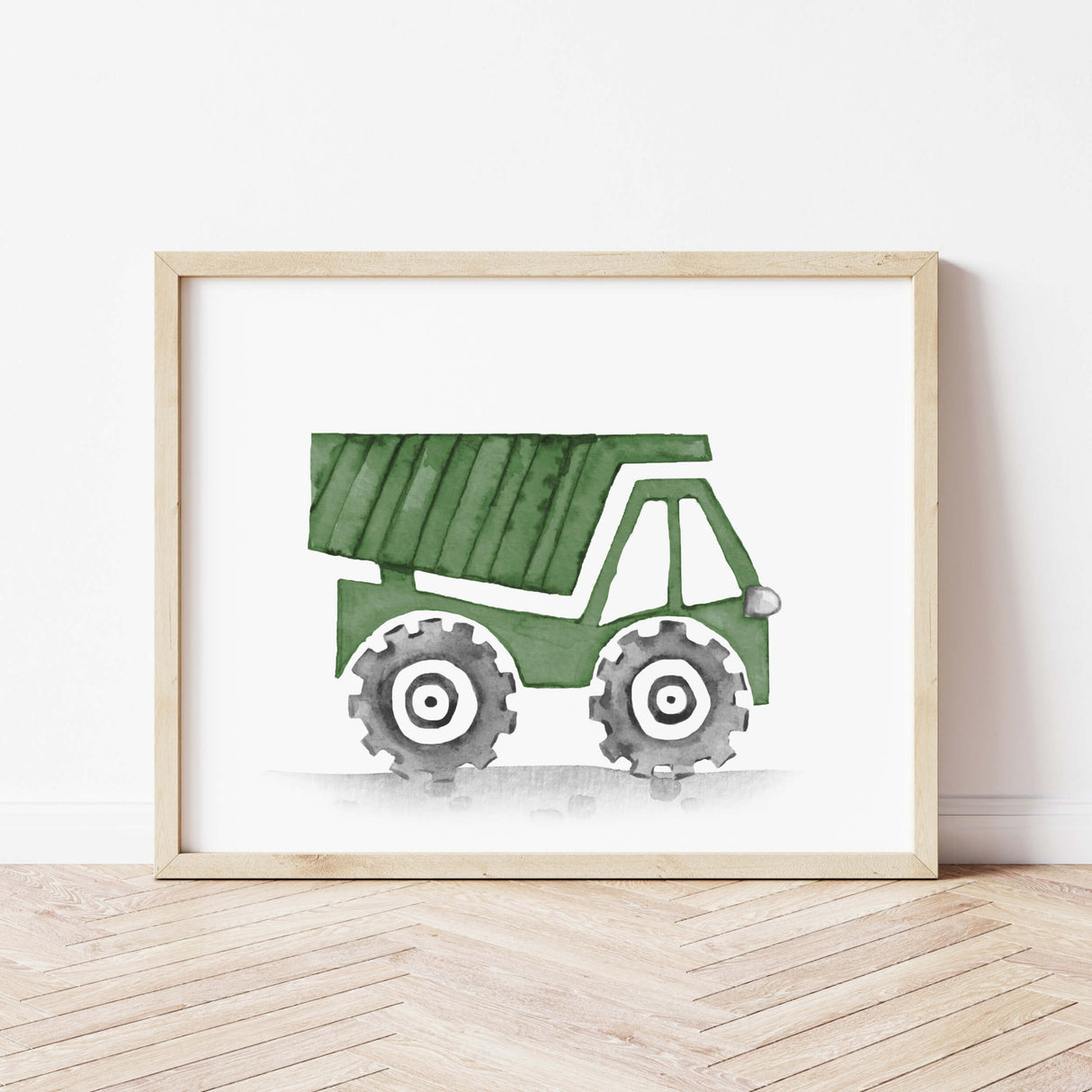 Watercolor construction vehicle print with dump truck in hunter green colors for toddler room decor, baby boys room decor and kids room decor.