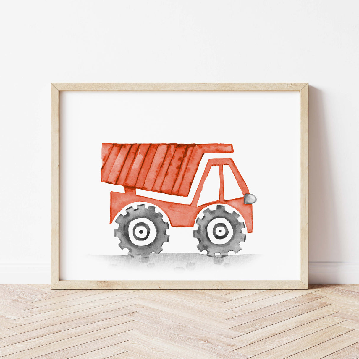 Watercolor colorful construction vehicle print with dump truck for toddler room decor, baby boys room decor, nursery room decor.