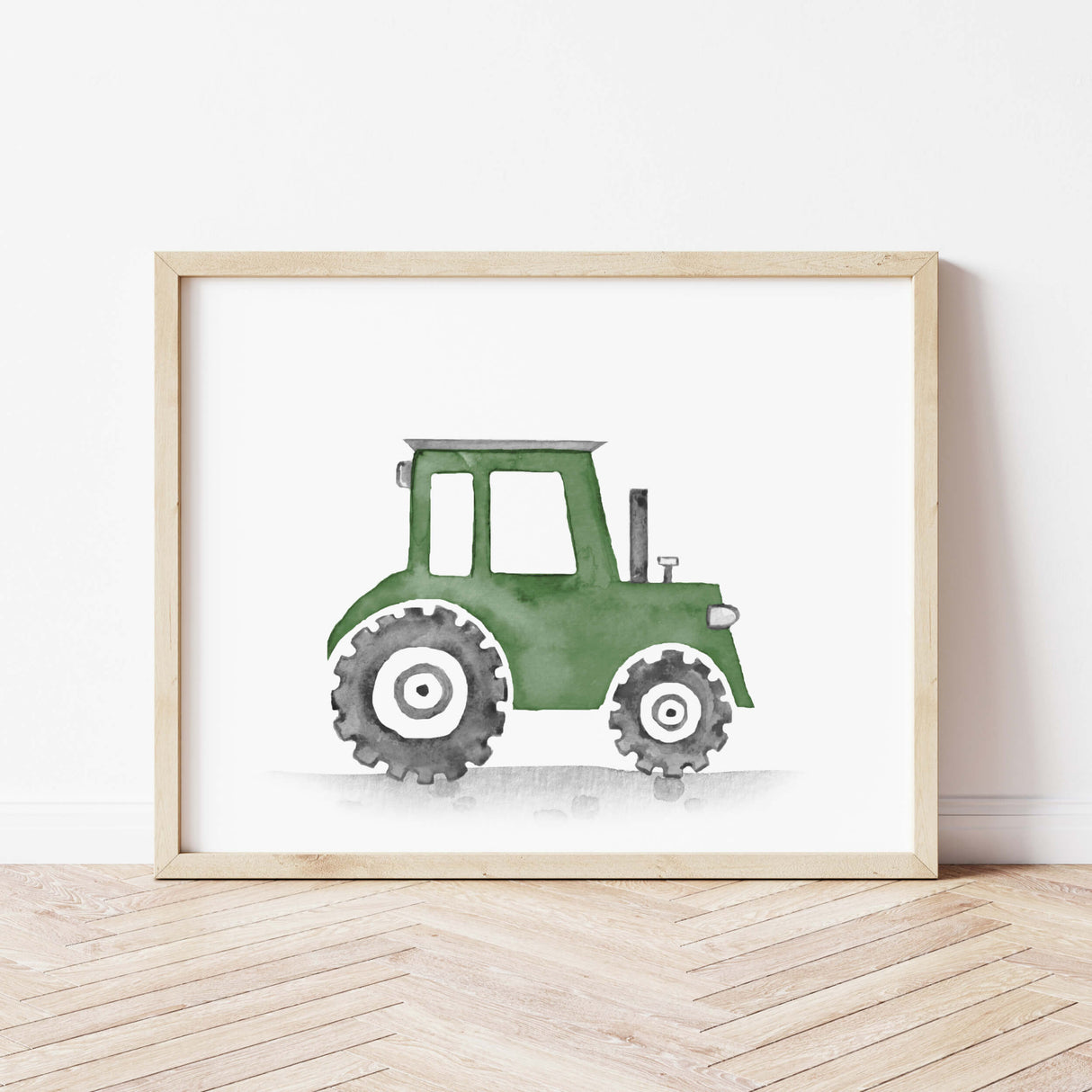 Watercolor construction vehicle print with tractor in hunter green colors for toddler room decor, baby boys room decor and kids room decor.
