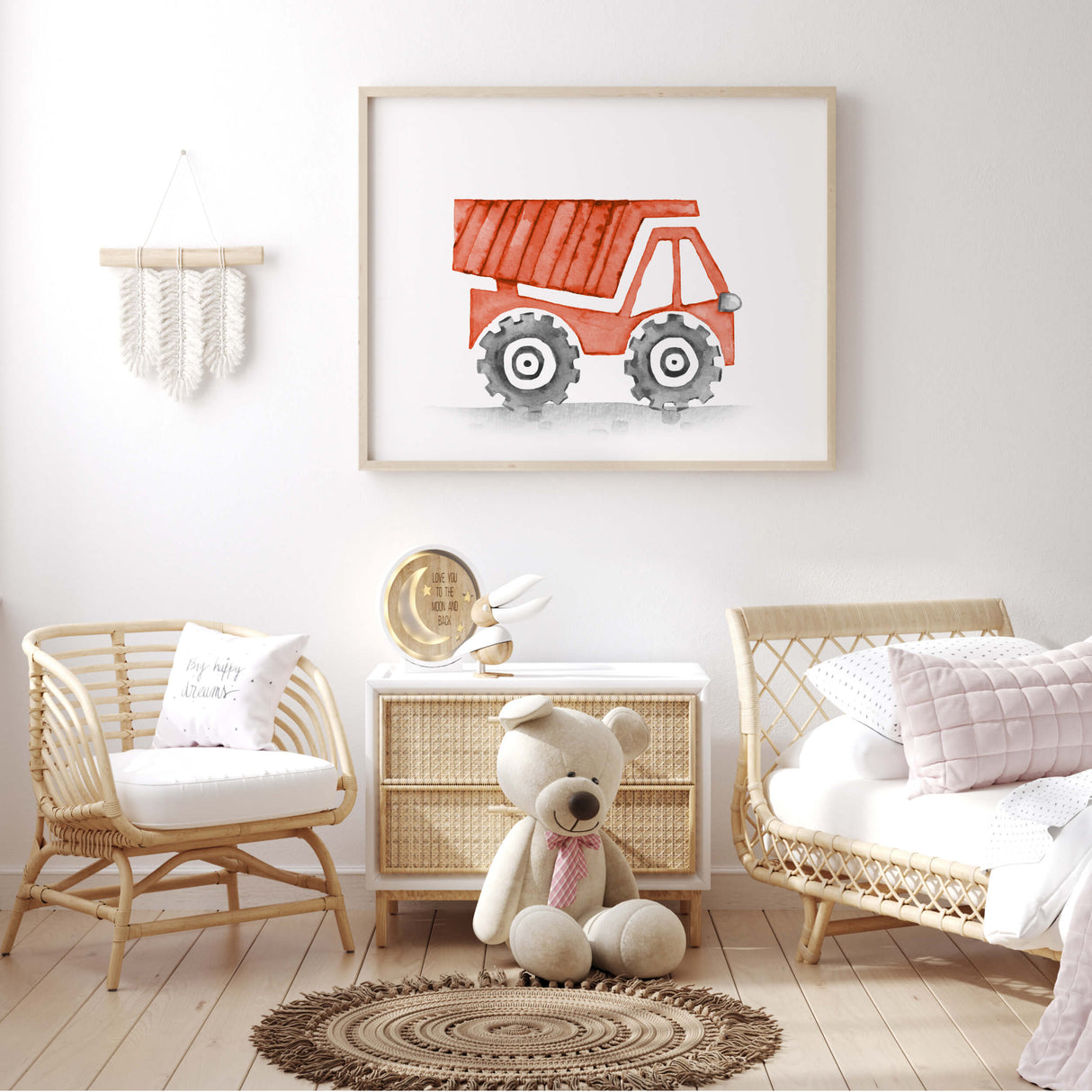 Watercolor colorful construction vehicle print with dump truck for toddler room decor, baby boys room decor, nursery room decor.