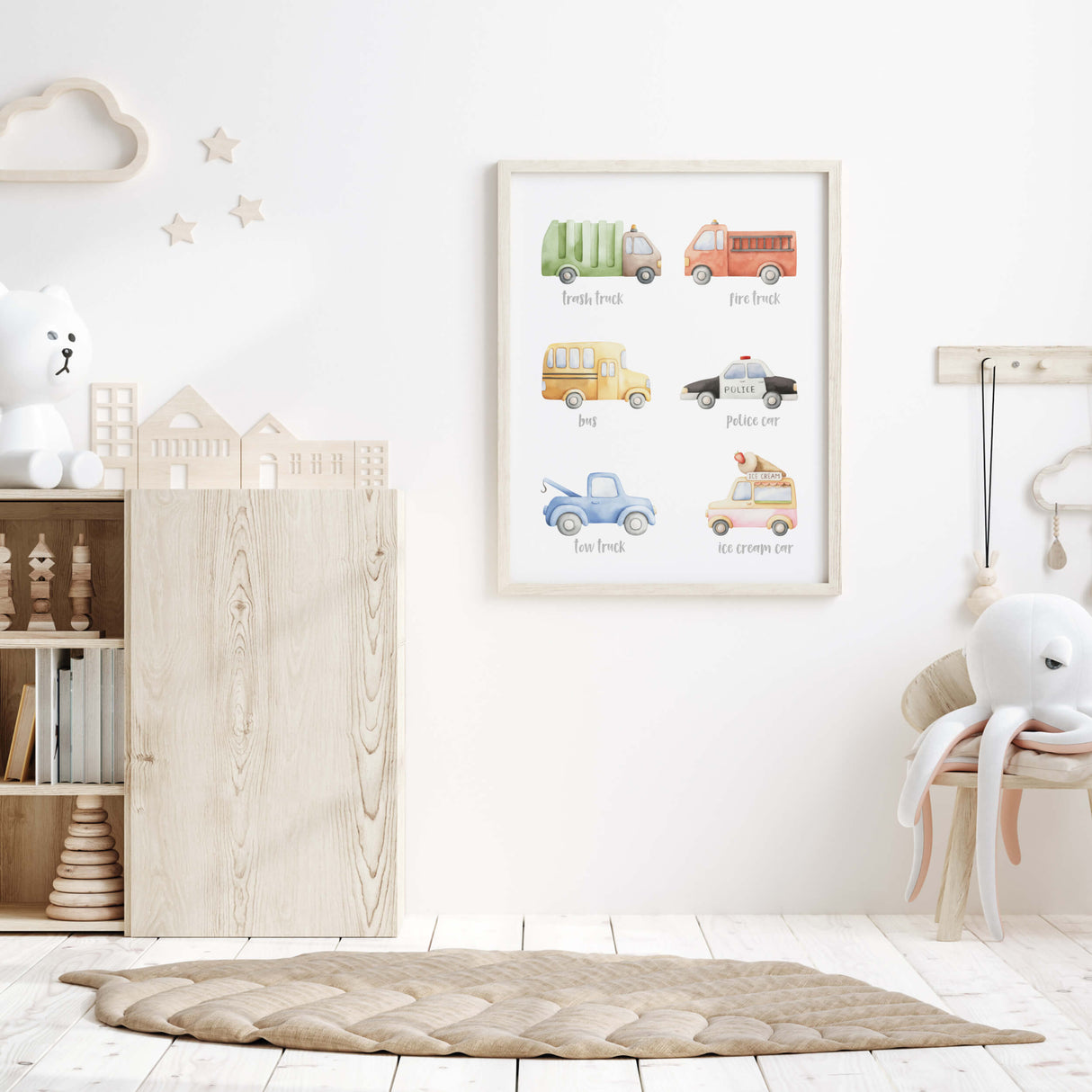 Set of 2 watercolor education transport and construction vehicle print for toddler, boys room decor and neutral nursery decor.