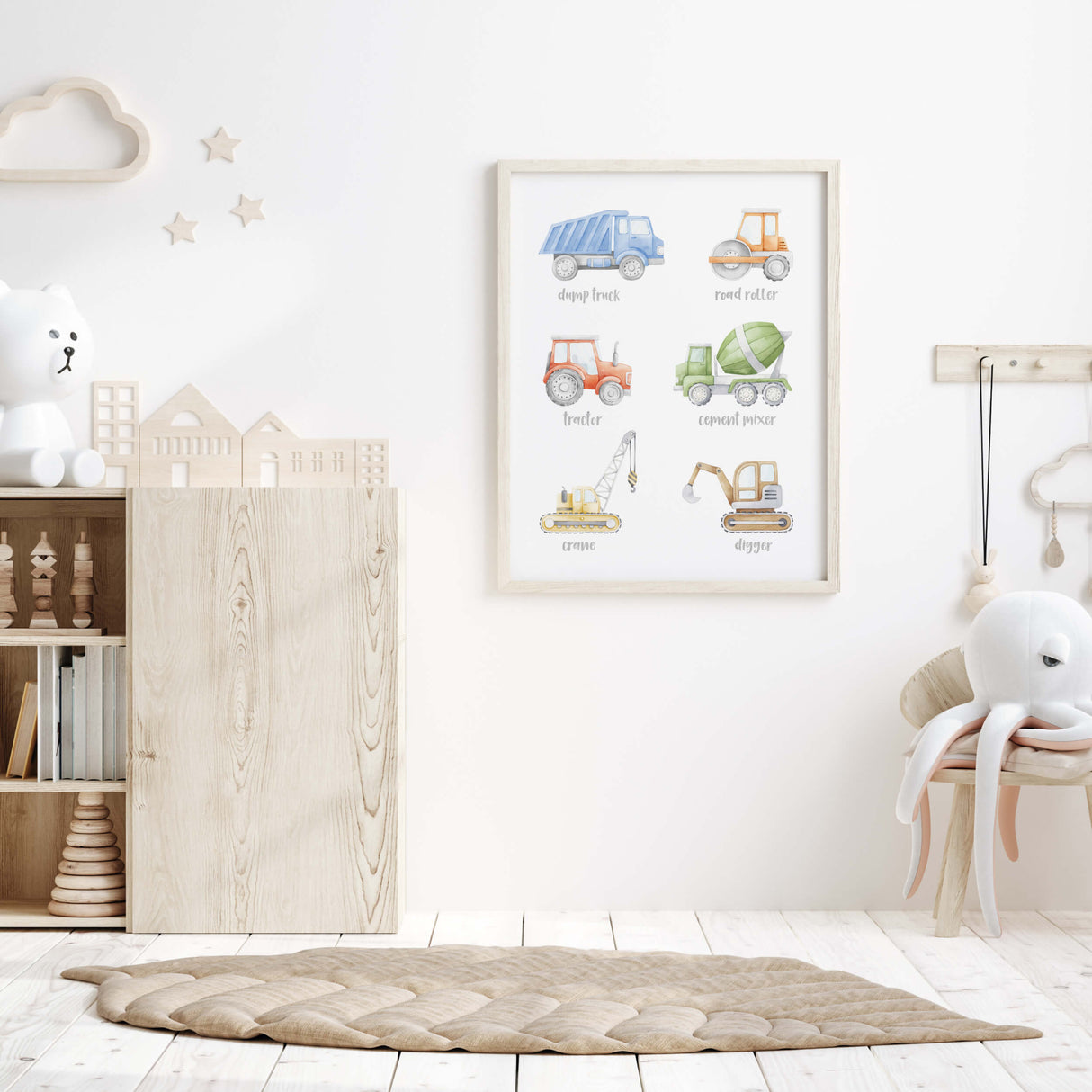 Neutral watercolor car prints for toddler room or playroom.