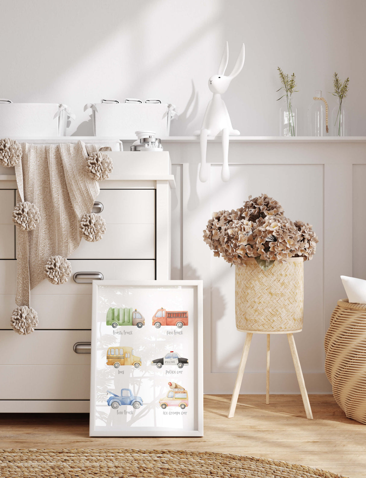 Set of 2 watercolor education transport and construction vehicle print for toddler, boys room decor and neutral nursery decor.