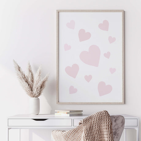 Watercolor light pink hearts printable for valentine's day decor, pink home decor, red home decor, love home decor.