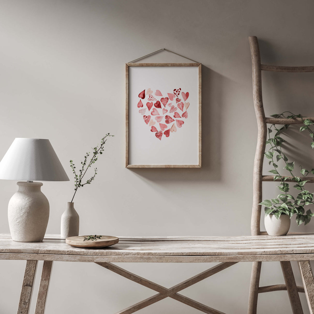 Watercolor hearts in heart printable for valentine's day decor, pink home decor, red home decor, love home decor.