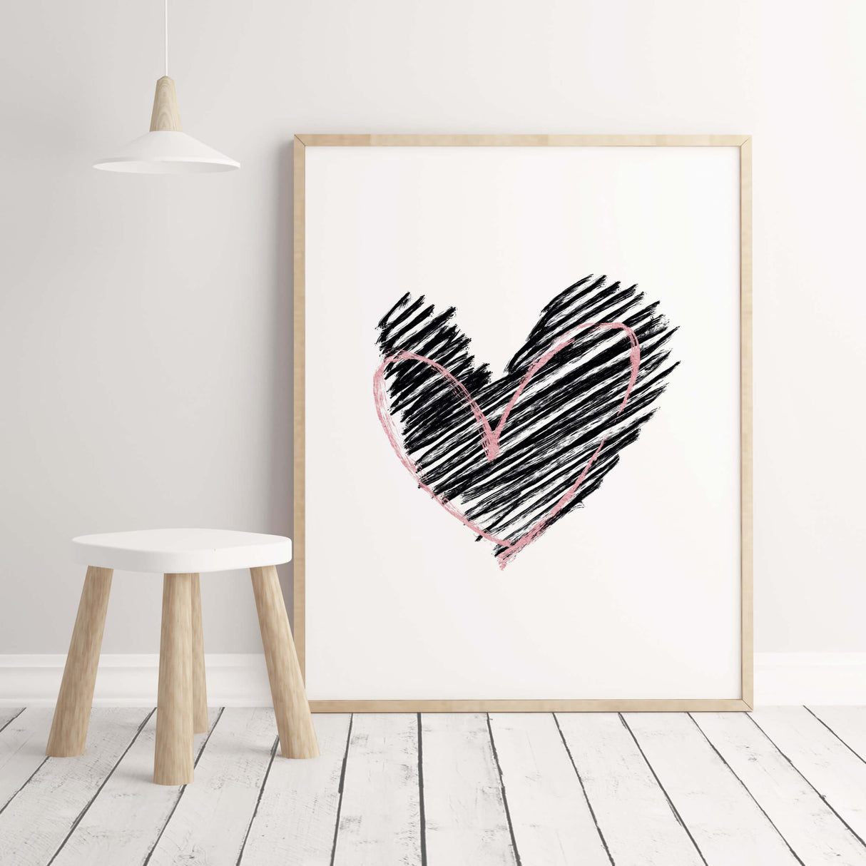 Watercolor black and pink hearts print for minimal valentine's day decor, pink home decor, red home decor, love home decor.