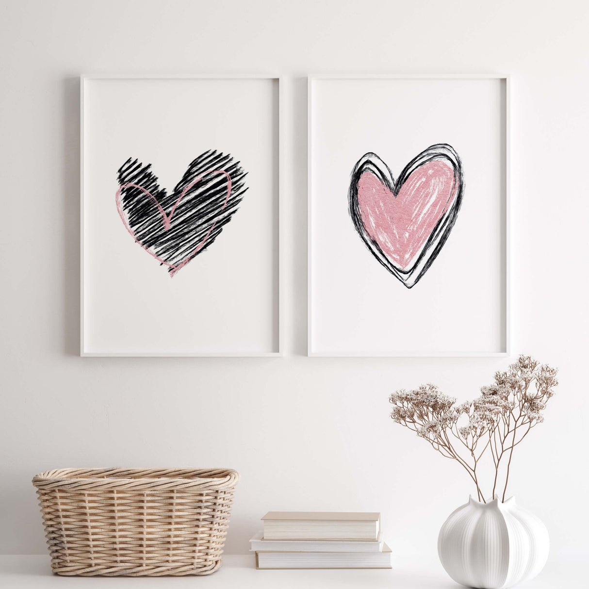 Watercolor black and pink hearts print for minimal valentine's day decor, pink home decor, red home decor, love home decor.