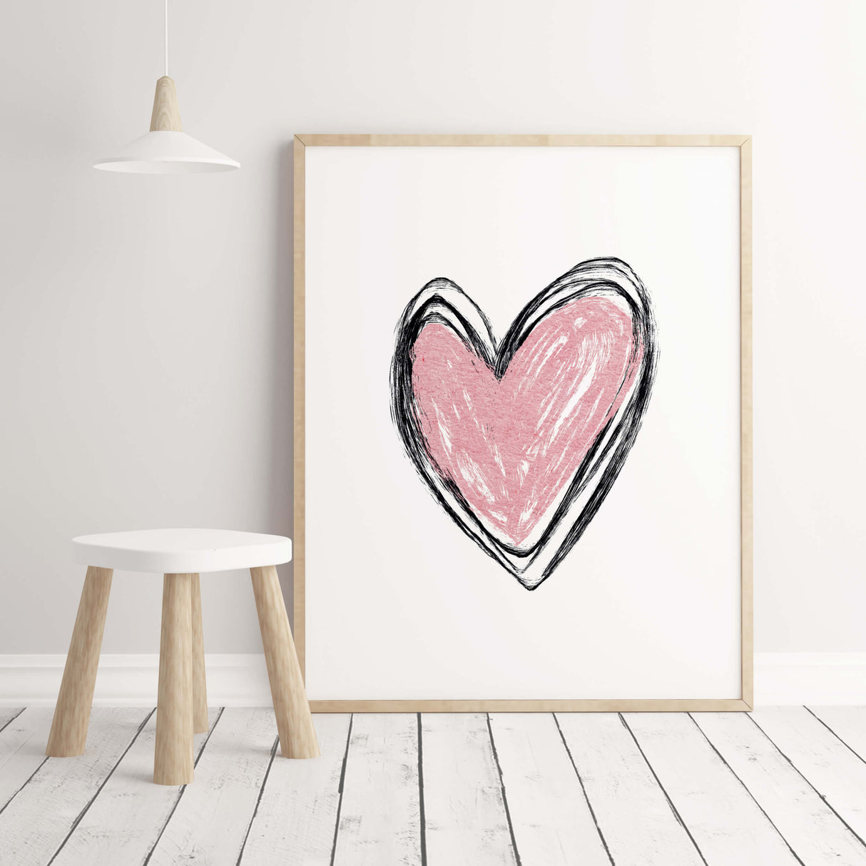 Watercolor black and pink hearts print for minimal valentine's day decor, pink home decor, red home decor, love home decor.