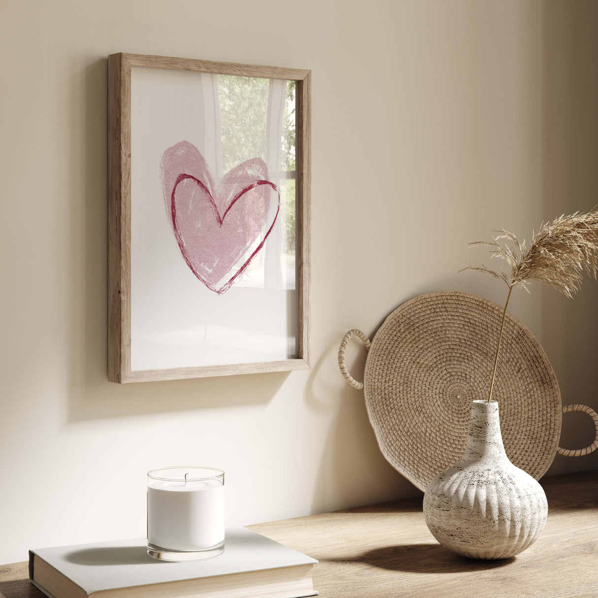 Watercolor burgundy and pink hearts print for minimal valentine's day decor, pink home decor, red home decor, love home decor.