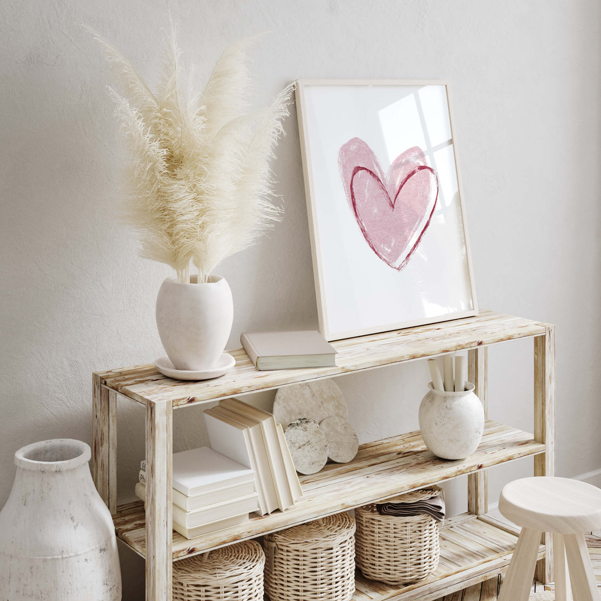 Watercolor burgundy and pink hearts print for minimal valentine's day decor, pink home decor, red home decor, love home decor.