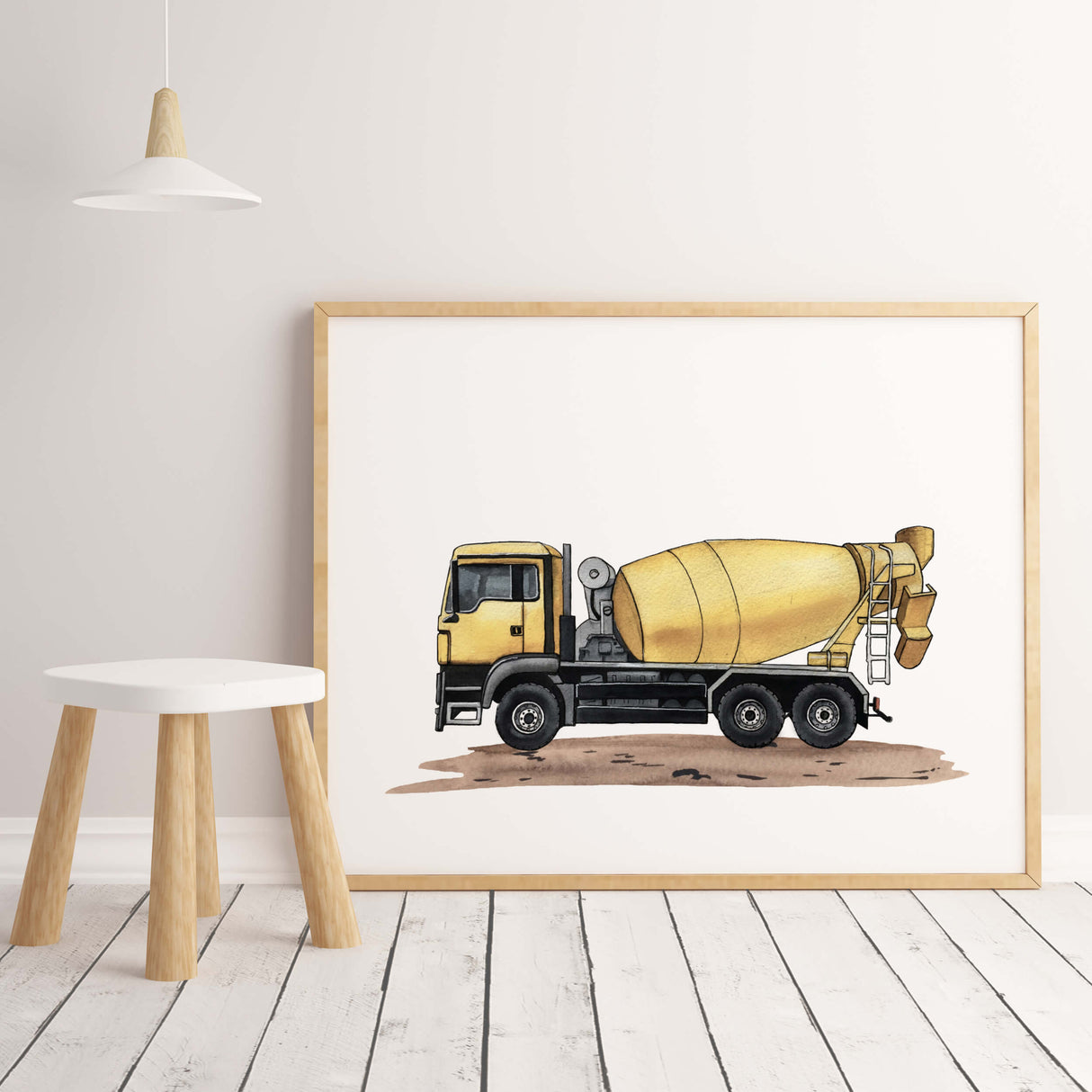 Watercolor yellow construction vehicle nursery poster with cement mixer for toddler room decor, baby boys room decor, kids room decor.