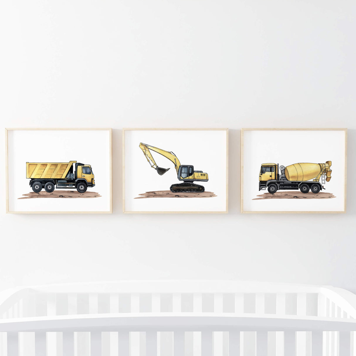 Watercolor yellow construction vehicle nursery printable for toddler room decor, baby boys room decor, kids room decor.