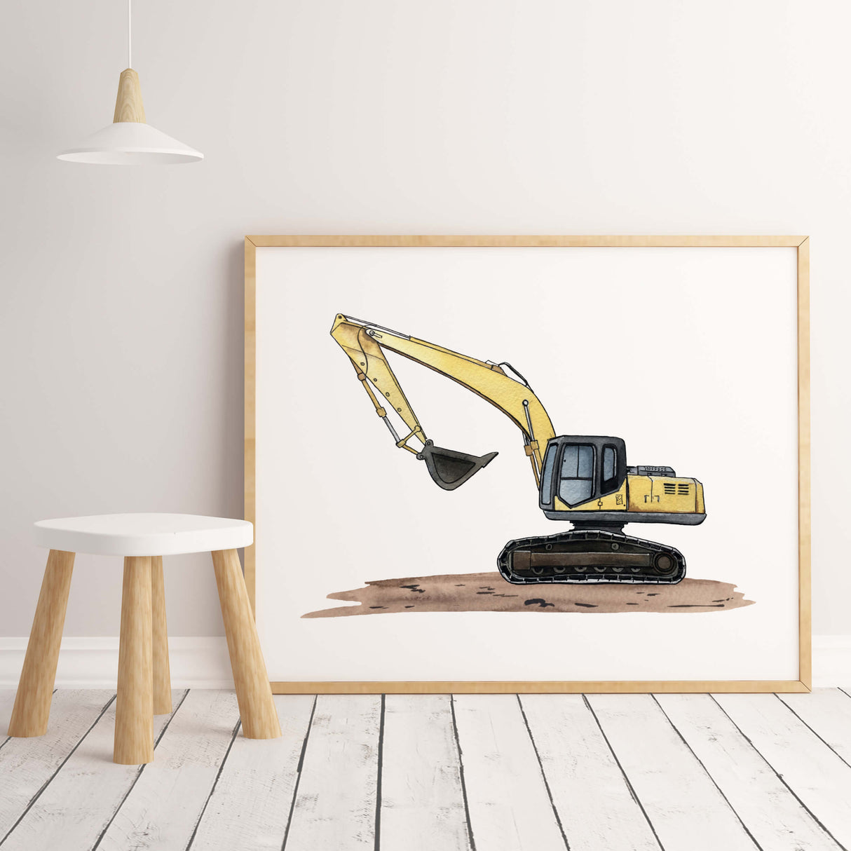 Watercolor yellow construction vehicle nursery poster with excavator for toddler room decor, baby boys room decor, kids room decor.