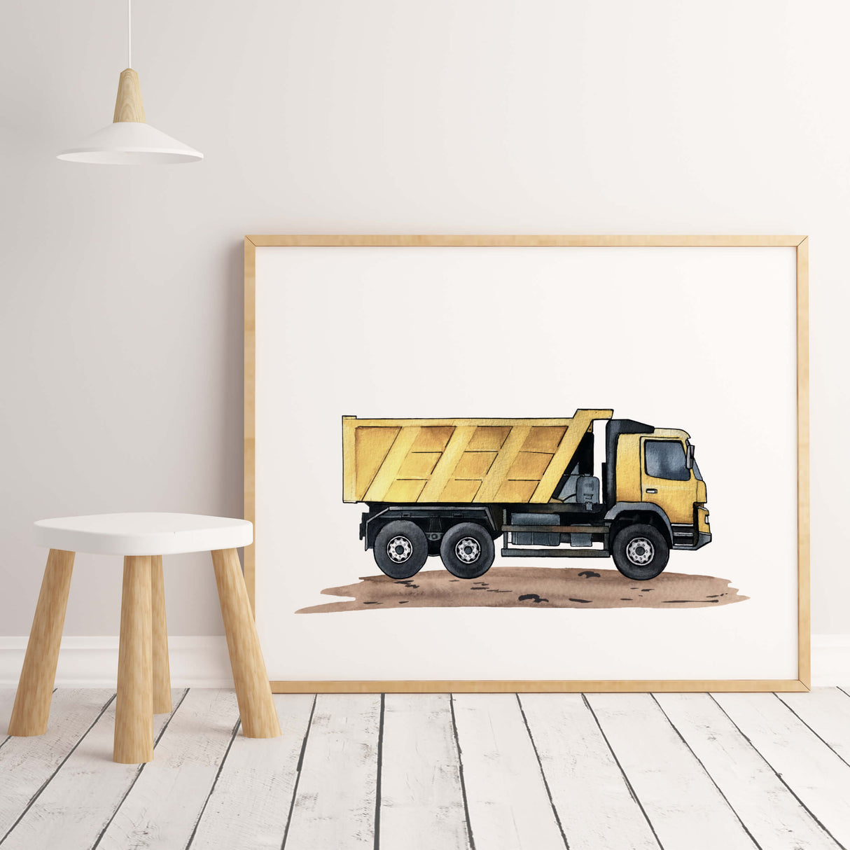 Watercolor yellow construction vehicle nursery poster with dump truck for toddler room decor, baby boys room decor, kids room decor.